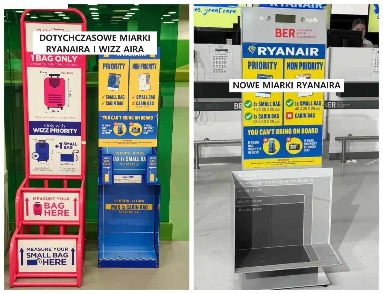 Miarki do bagażu podręcznego Ryanair i Wizz Air pokazują wymiary dopuszczalnych bagaży.
