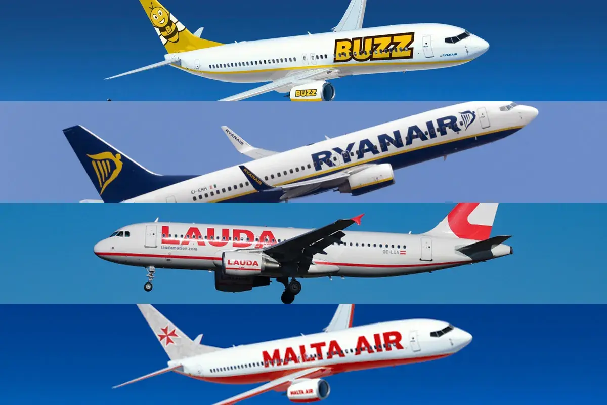Cztery samoloty: Buzz, Ryanair, Lauda i Malta Air na tle błękitnego nieba.