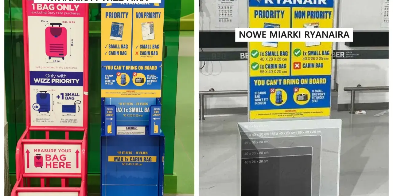 Miarki do bagażu podręcznego Ryanair i Wizz Air pokazują wymiary dopuszczalnych bagaży.
