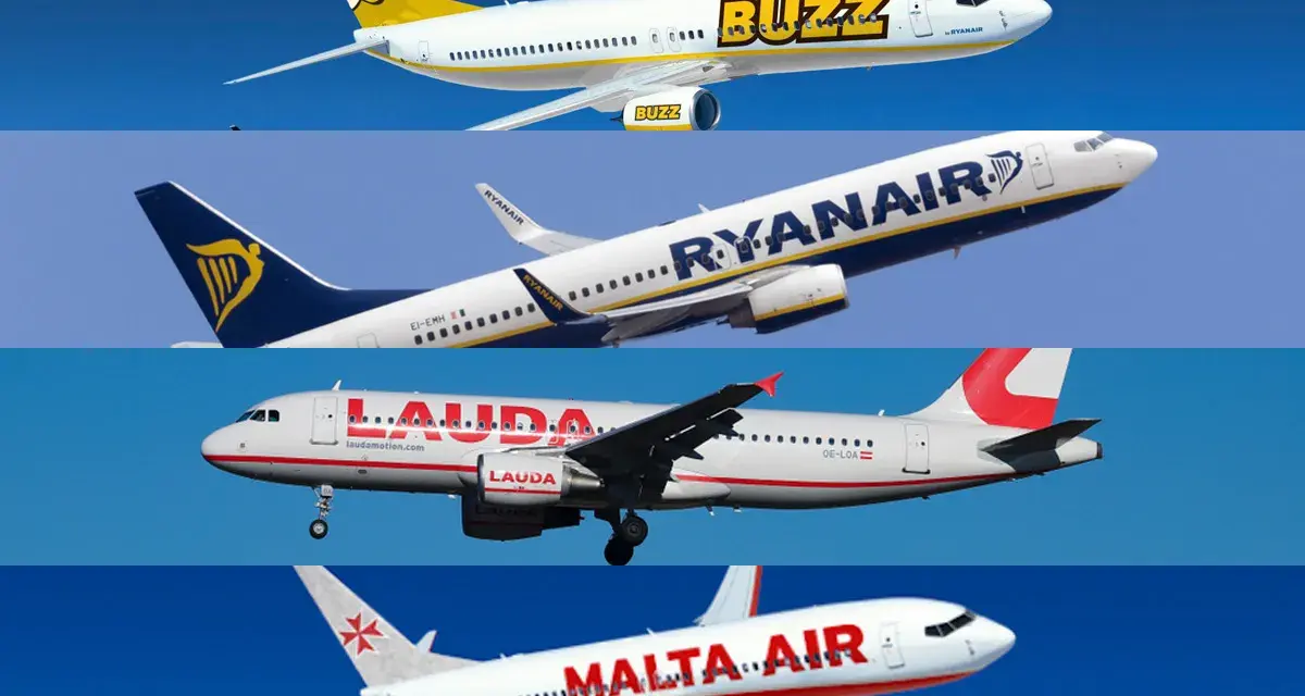 Cztery samoloty: Buzz, Ryanair, Lauda i Malta Air na tle błękitnego nieba.