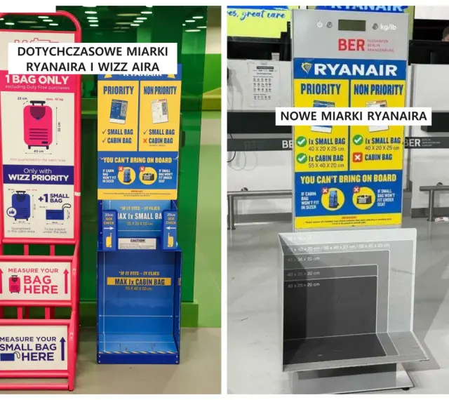 Miarki do bagażu podręcznego Ryanair i Wizz Air pokazują wymiary dopuszczalnych bagaży.