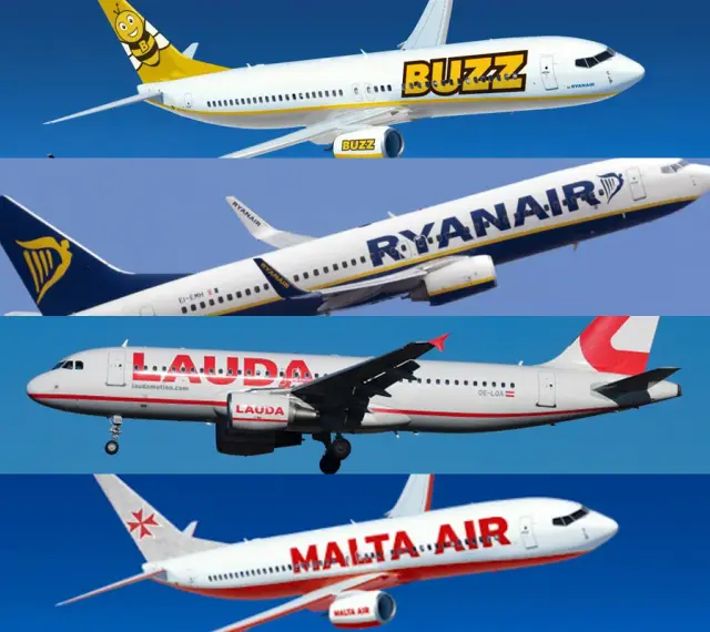 Cztery samoloty: Buzz, Ryanair, Lauda i Malta Air na tle błękitnego nieba.
