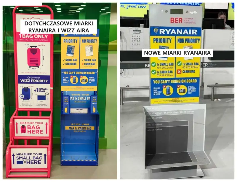 Miarki do bagażu podręcznego Ryanair i Wizz Air pokazują wymiary dopuszczalnych bagaży.